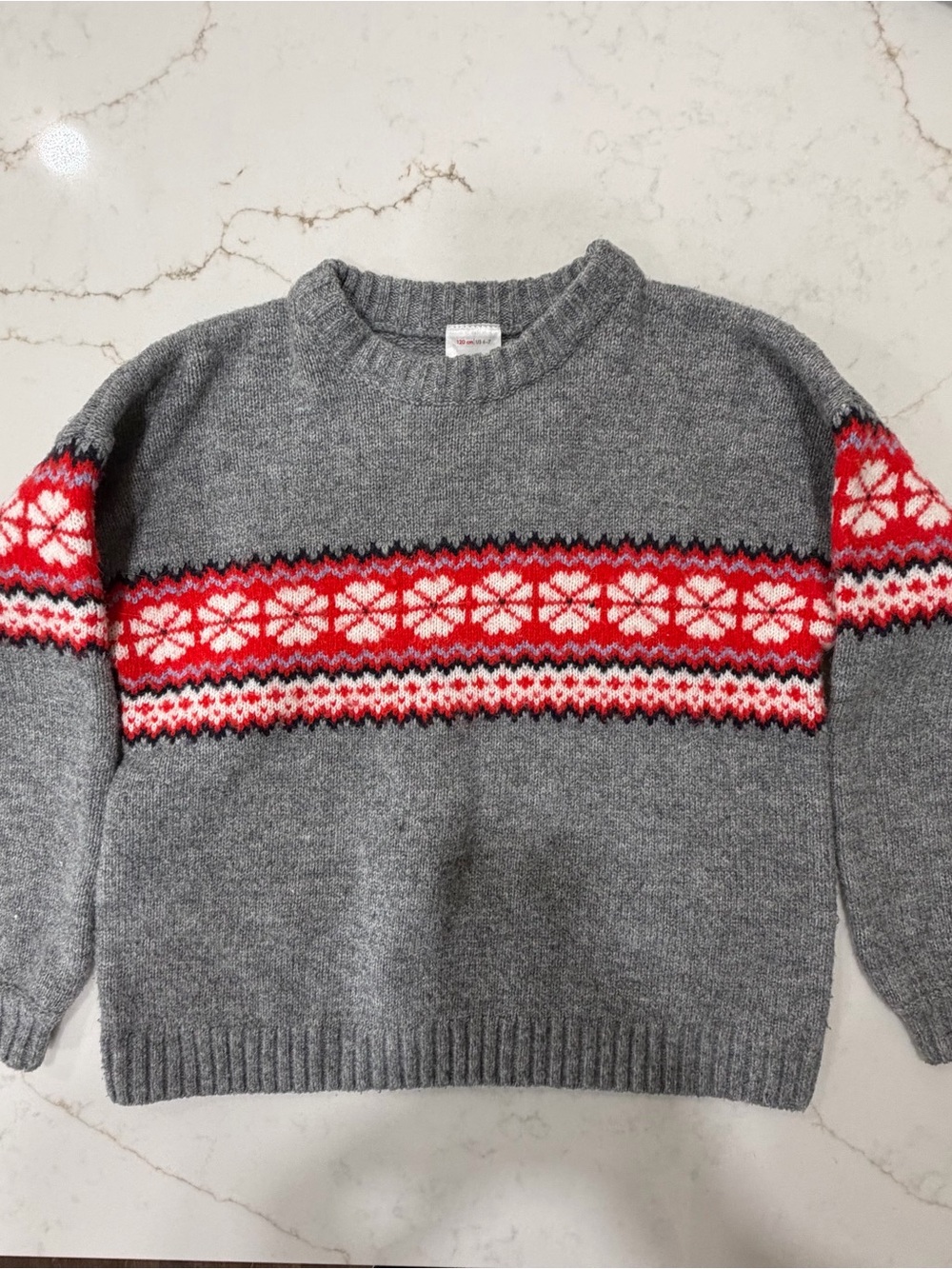 Hanna Andersson Fair Isle Snowflake Sweater Gray Red Size 120 6-7